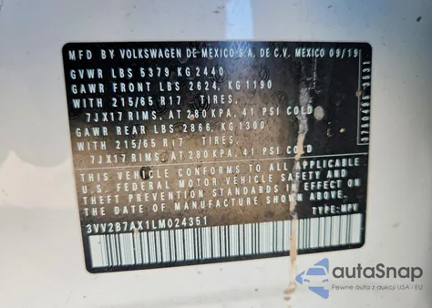 2020 Volkswagen Tiguan Se z USA, uszkodzony, nr VIN 3VV2B7AX1LM024351